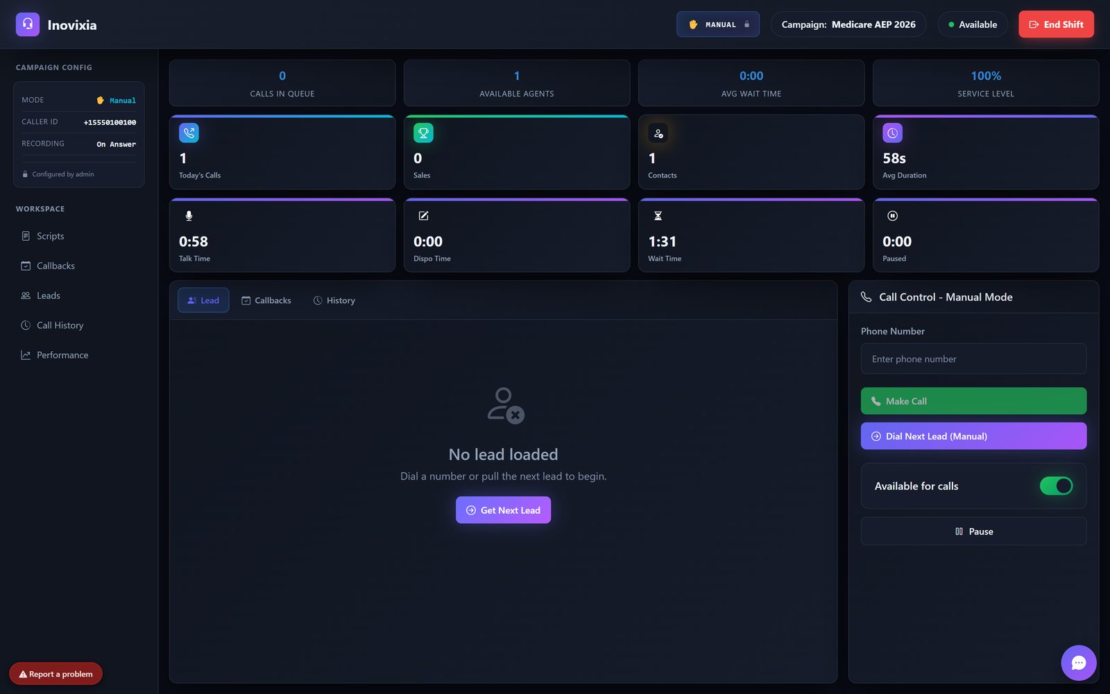 The Inovixia agent screen: call controls, campaign stats and lead panel