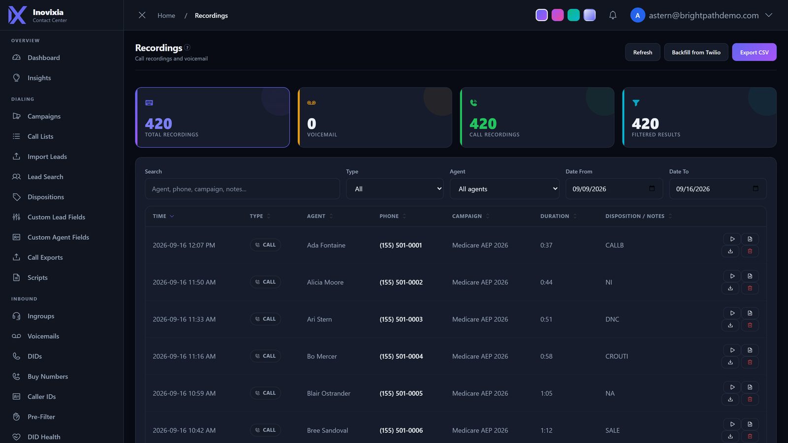 Recordings screen with search filters and a list of recorded calls